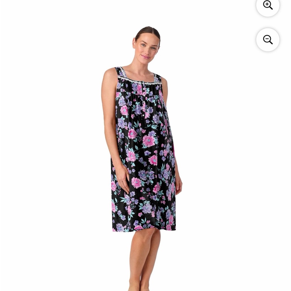 Aria Black and Pink Floral Sleeveless Cotton Nightgown Size Medium